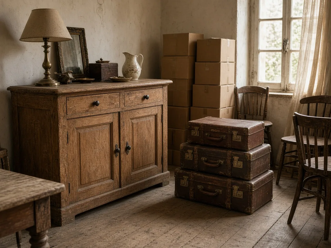 Mobilier et objets de brocante triés lors d’un débarras