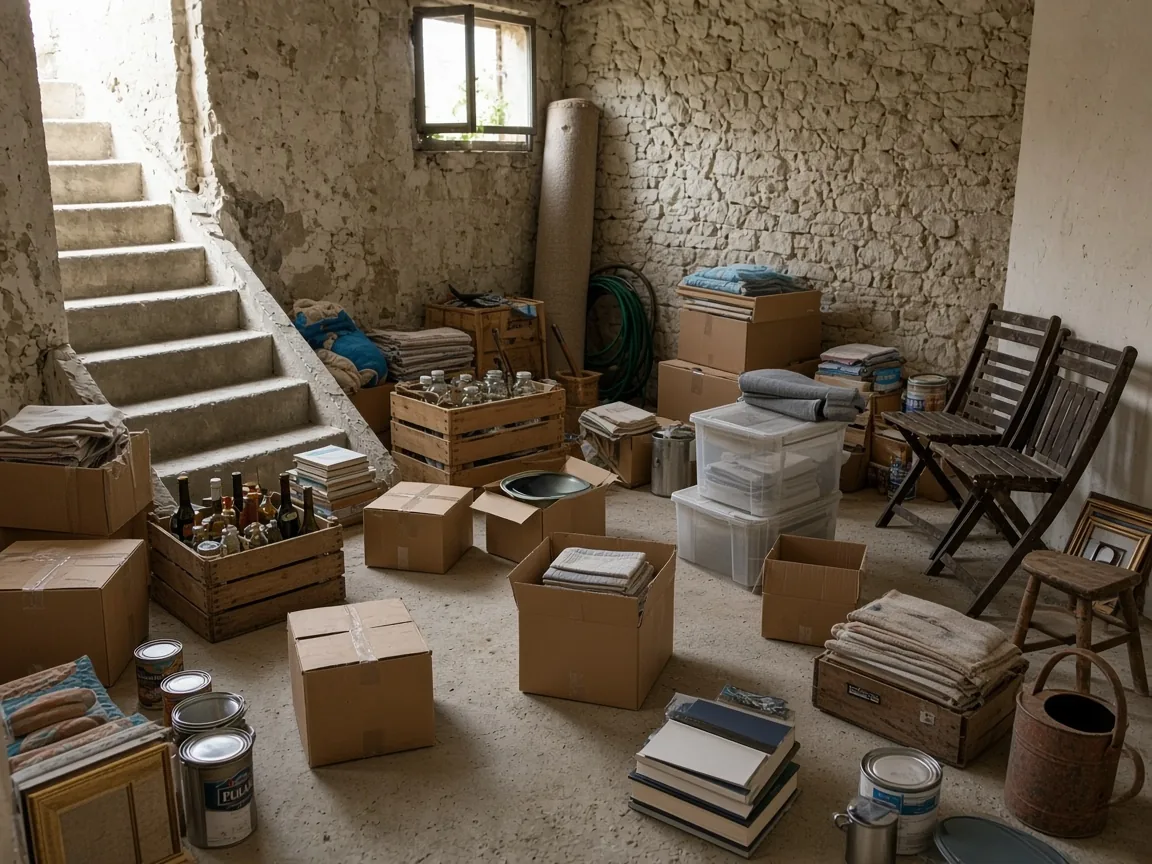 Cave encombrée de cartons et de caisses avant débarras