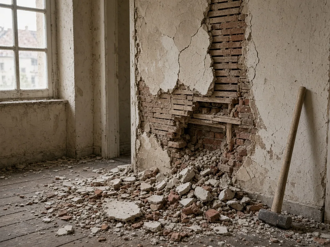 Cloison démontée et gravats après petite démolition intérieure